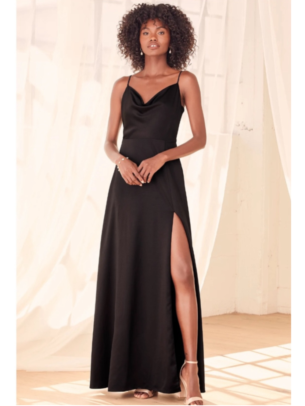 Lulus Formal Invitation Black Satin Cowl Neck Maxi Gown Dress Size Small NWT
